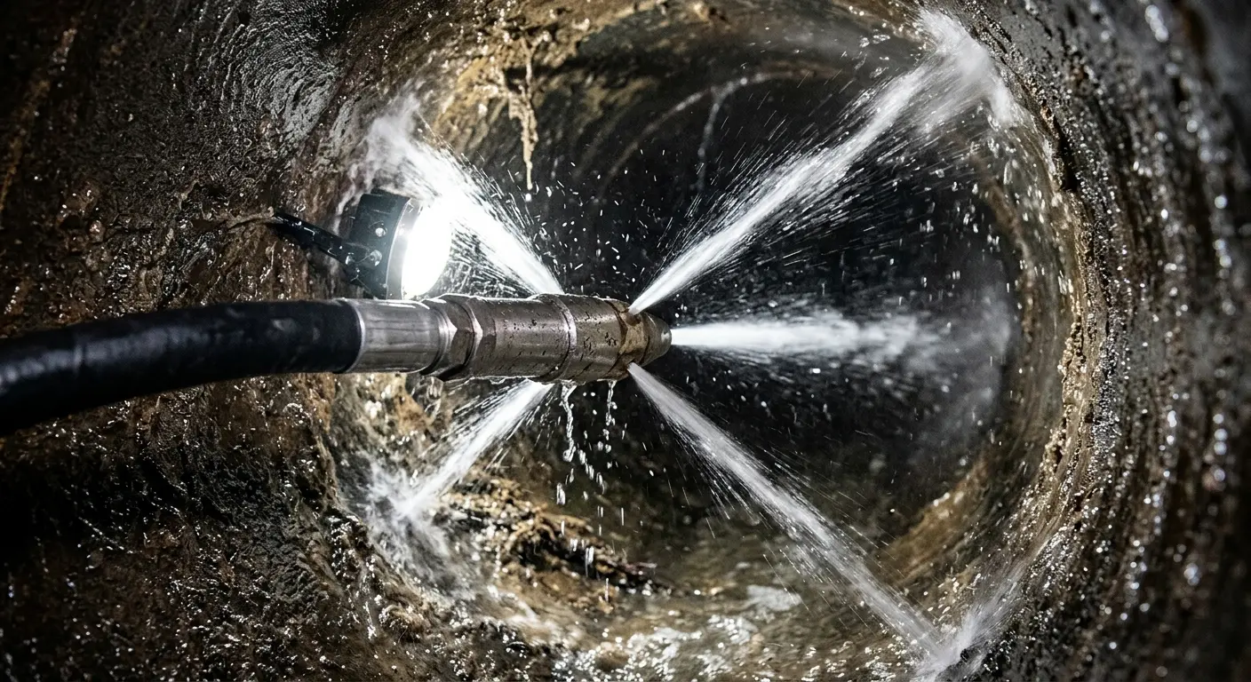 High-pressure hydro jetting nozzle cleaning sewer pipe for Sewer Cleanout in Iroquois Point