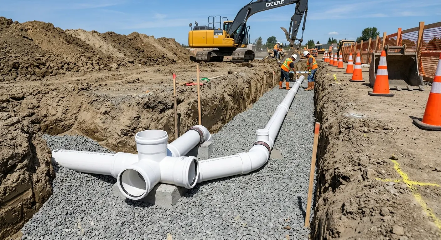 New PVC sewer pipe installation in open trench for Grease Trap Cleaning in Iroquois Point