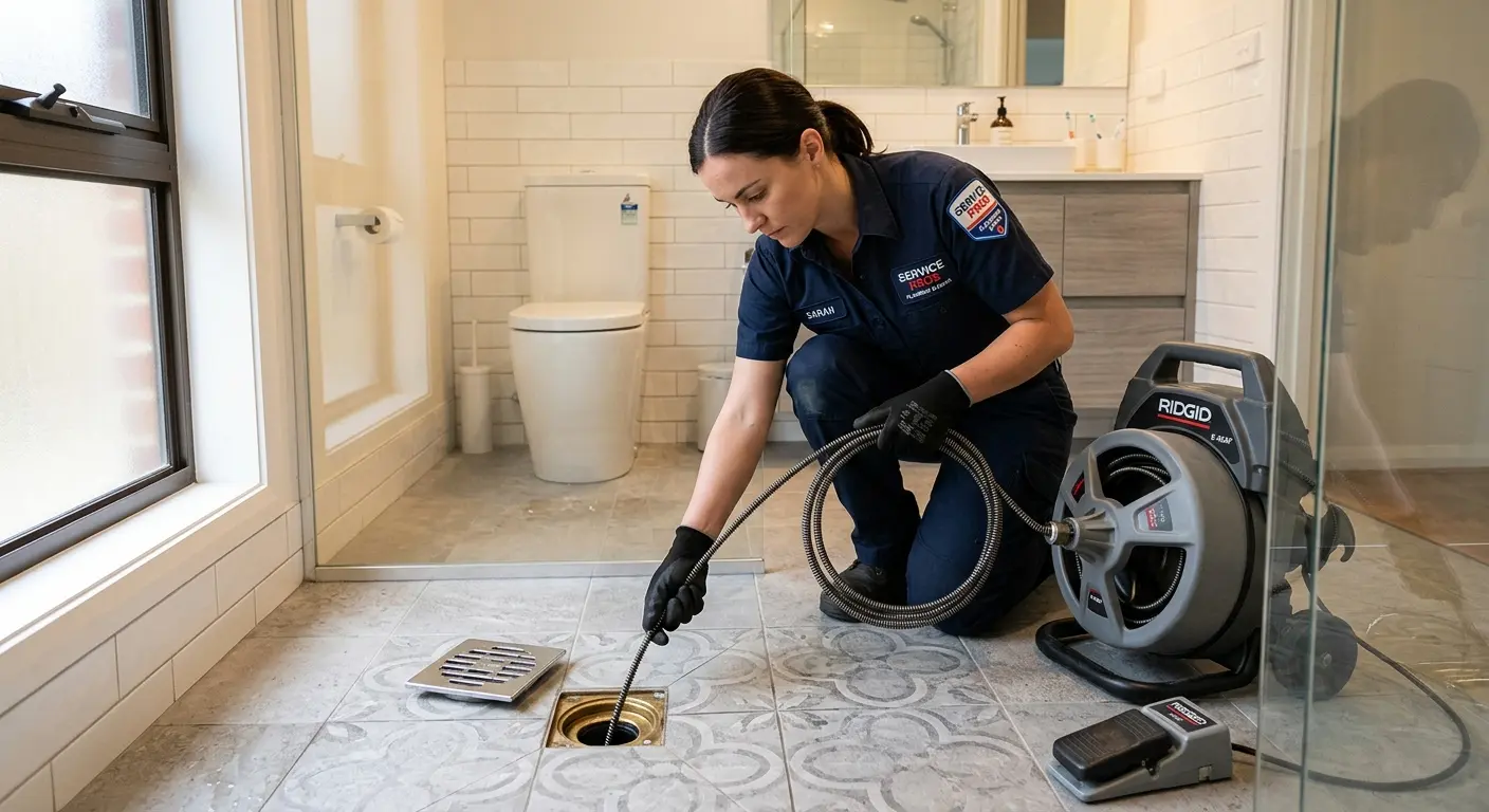 Technician clearing a bathroom floor drain for Sewer Line Replacement in Iroquois Point